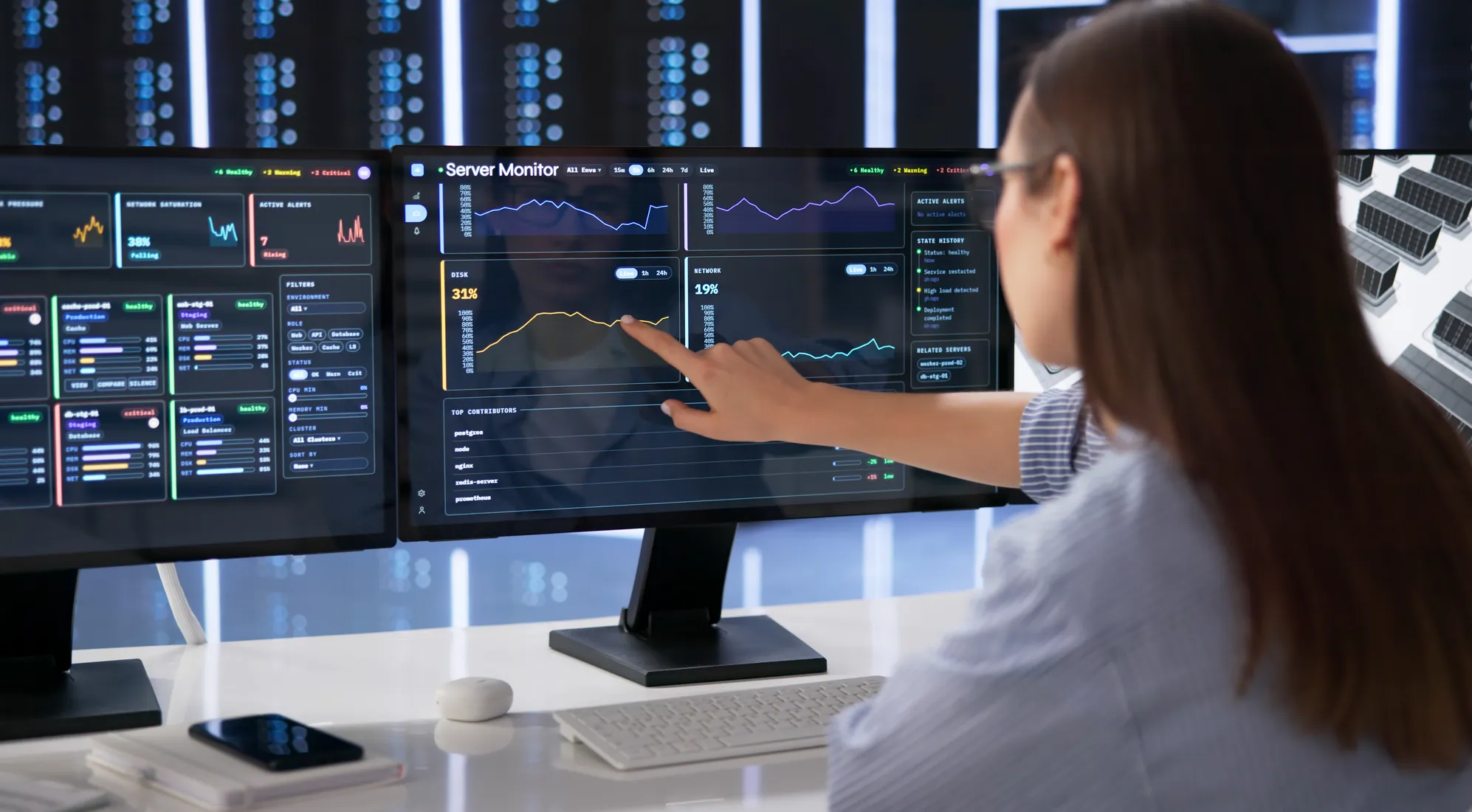 A CDS specialist reviewing live monitoring dashboards for alerts