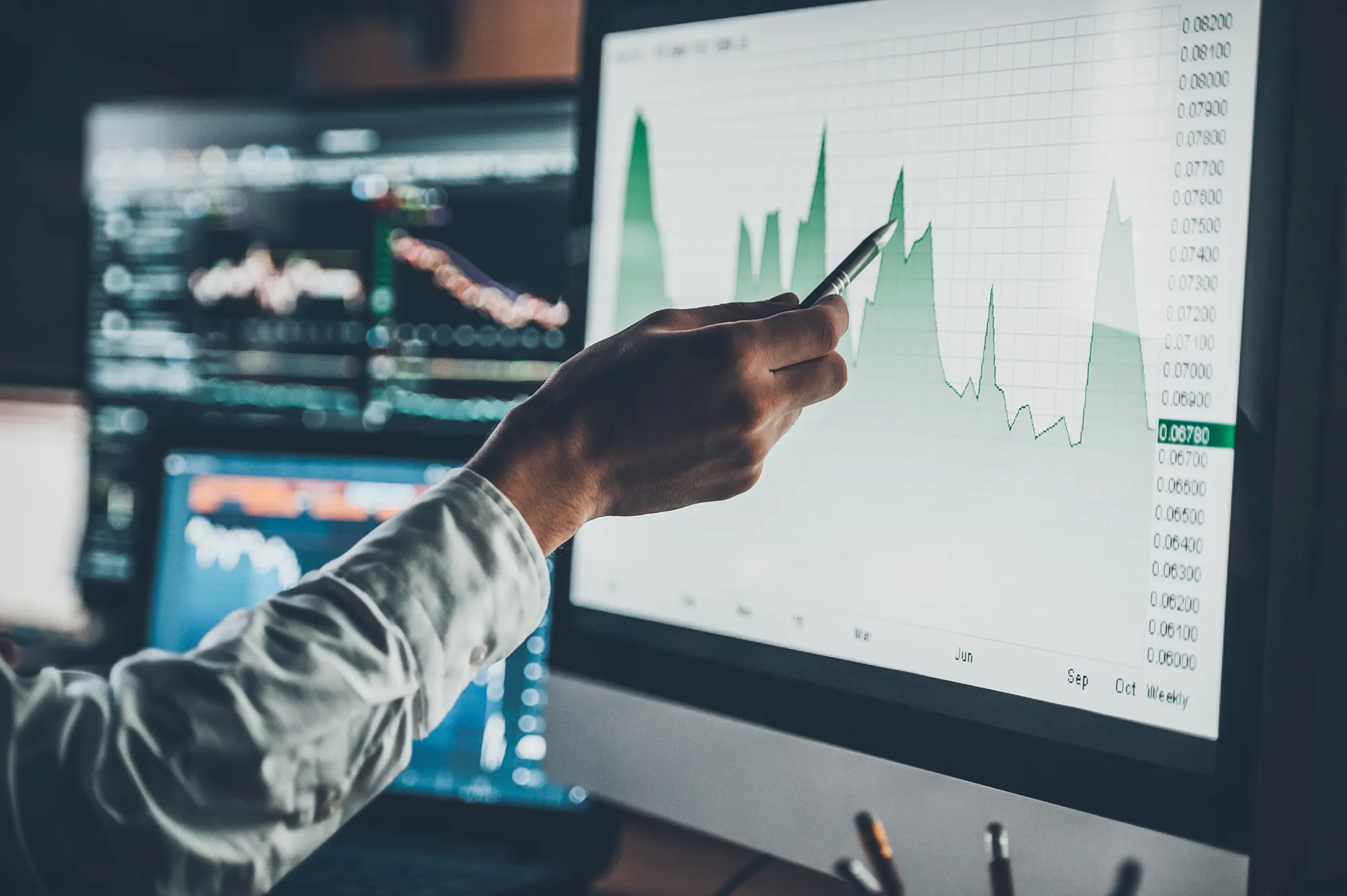 A financial analyst reviewing market-performance charts on a trading screen