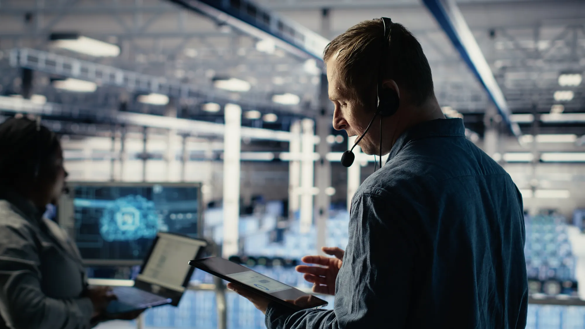 A services professional with a headset and tablet reviewing data in an operations center