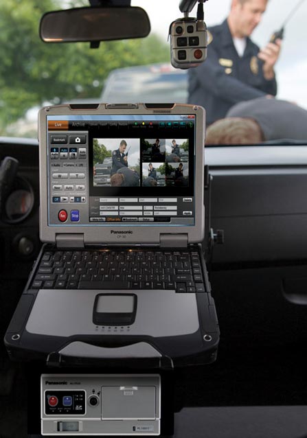 A ruggedized laptop mounted in a service vehicle