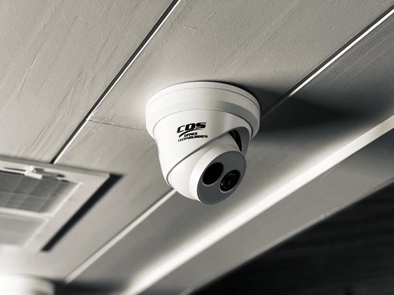 A CDS-branded turret security camera installed on a ceiling