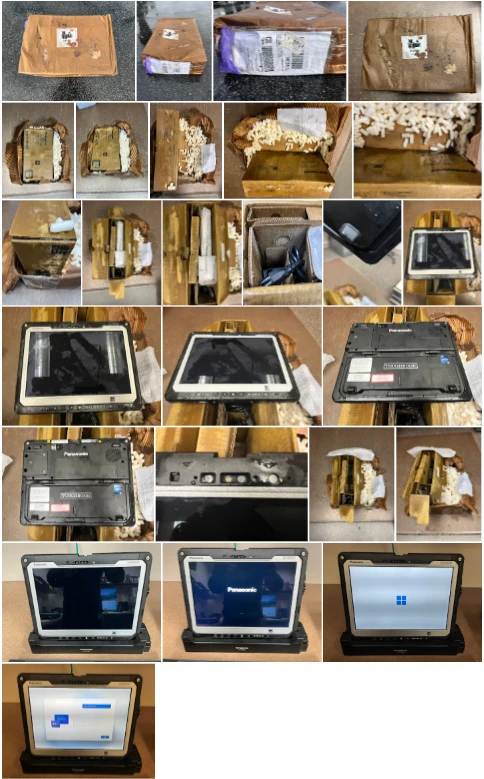Photo sequence of a Toughbook CF-33 rugged tablet: a waterlogged shipping box, frost and packing material inside the box, the wet tablet unpacked, and the tablet docked and booting to Windows after a month outside in an Illinois winter
